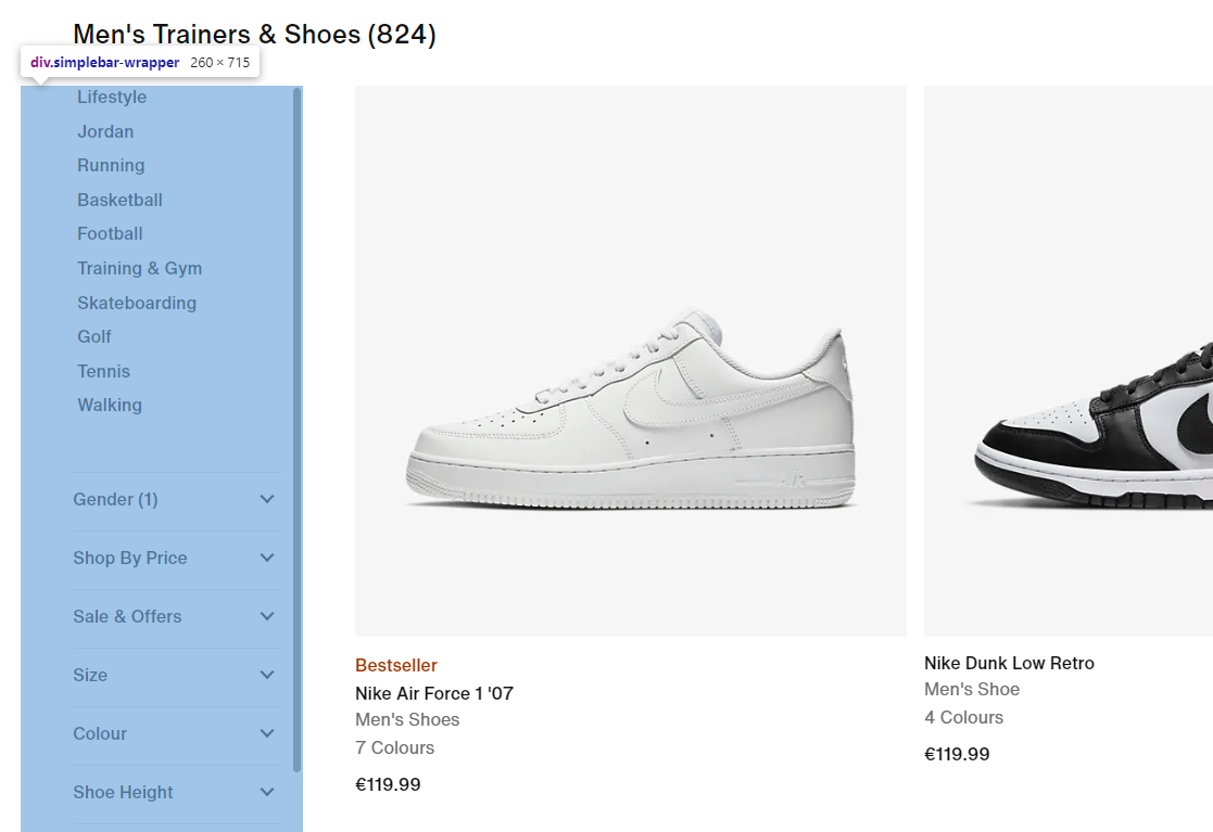 耐克商店使用 Simplebar 插件作为其筛选侧边栏