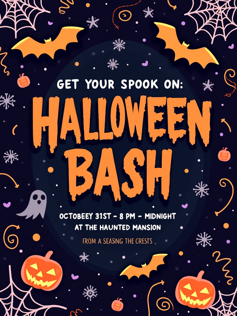 万圣节派对海报，“Get Your Spook On: Halloween Bash 2024!” 10 月 31 日晚 8 点至午夜在幽灵庄园。黑色、紫色、橙色等阴森色调。