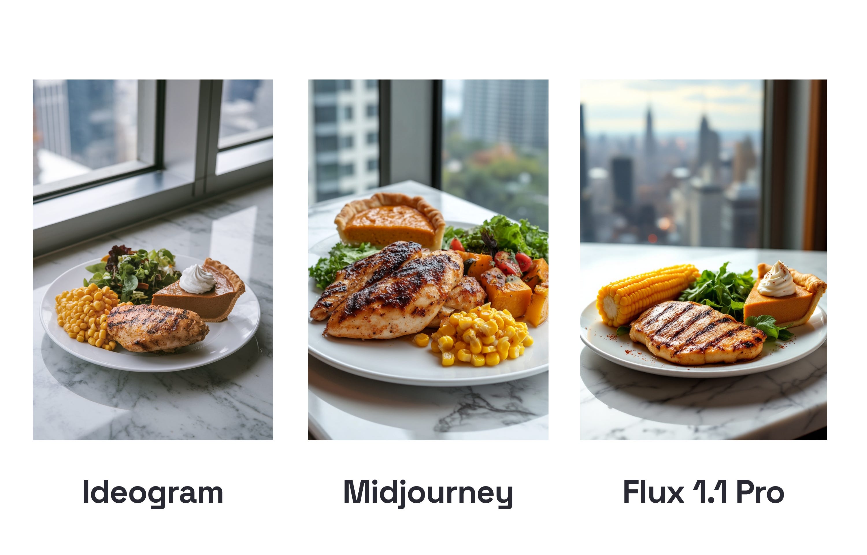 Ideogram 再次表现出色，看起来最为真实。Midjourney 在生成食物方面表现较弱（看看那块派！？）。Flux 1.1 Pro 的表现还不错，但食物显得有些不真实。
